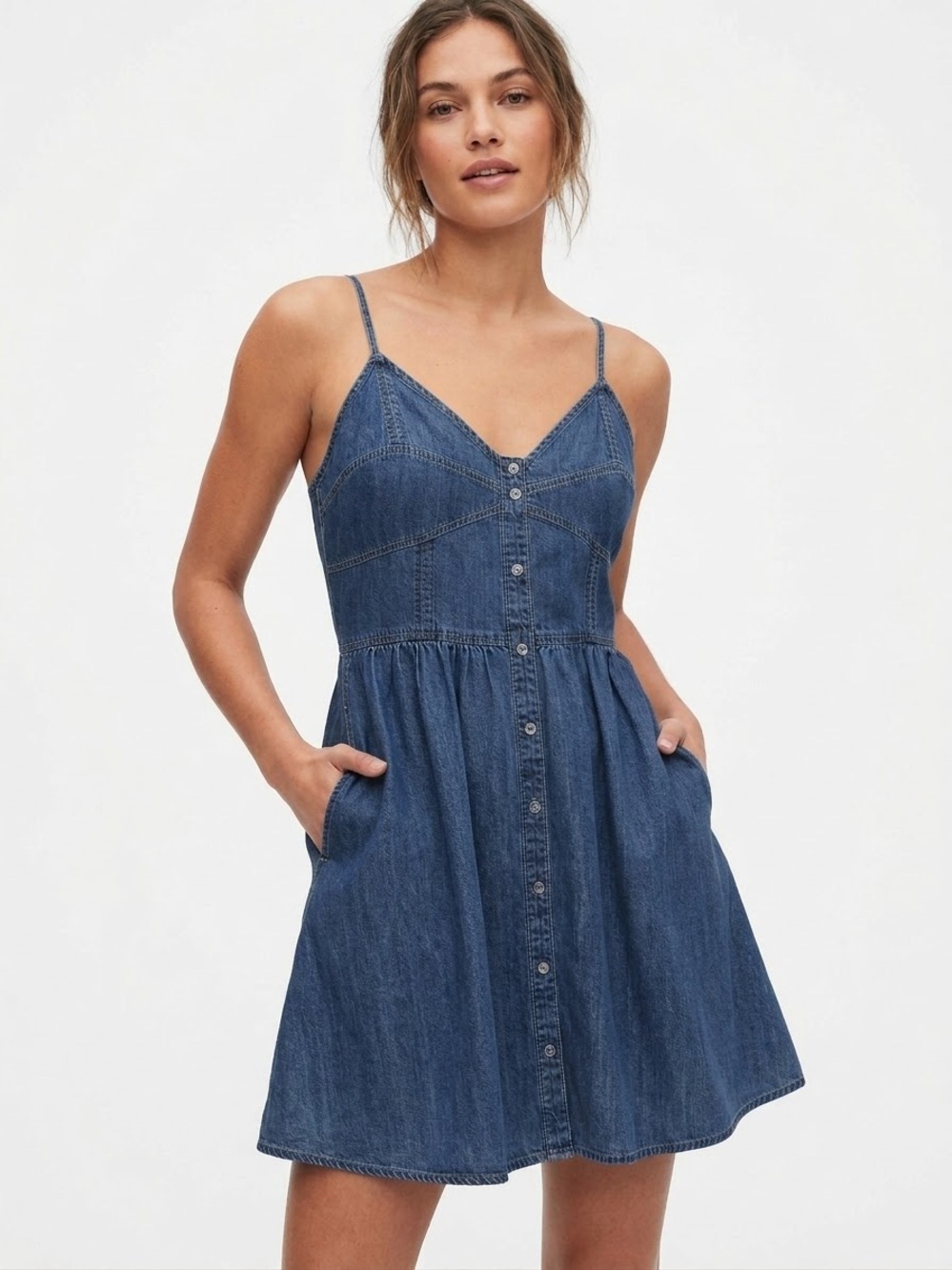 EXPRESS Denim Sundress MSpaghetti Strap Button Front Smocked Back 100% cotton
